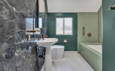 Master Bathroom with Green Subway Tile and Tub