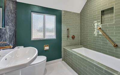 Master Bathroom with Green Subway Tile and Tub