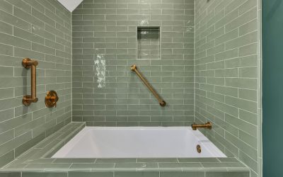 Master Bathroom with Green Subway Tile and Tub