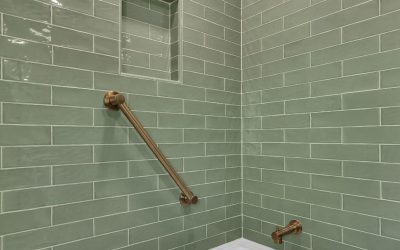 Master Bathroom with Green Subway Tile and Tub