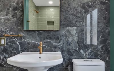 Master Bathroom with Green Subway Tile and Tub